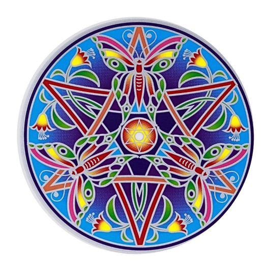 Colorful geometric design with star and floral elements on a blue background