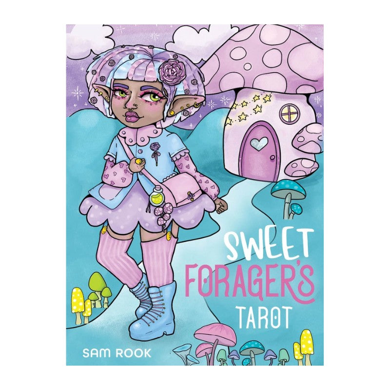 tarot deck cover of 'Sweet Foragers Tarot' featuring a character with a mushroom house in the background.