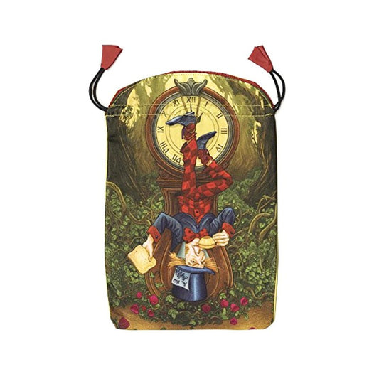 Decorative pouch with a clock and fairy design on a white background