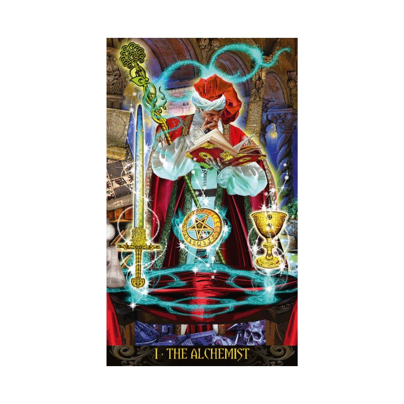Tarot card featuring 'The Alchemist' with a person in a lab coat holding a book, surrounded by symbols.