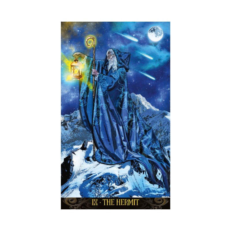 Tarot card featuring a figure known as 'The Hermit' against a snowy mountain and night sky background.
