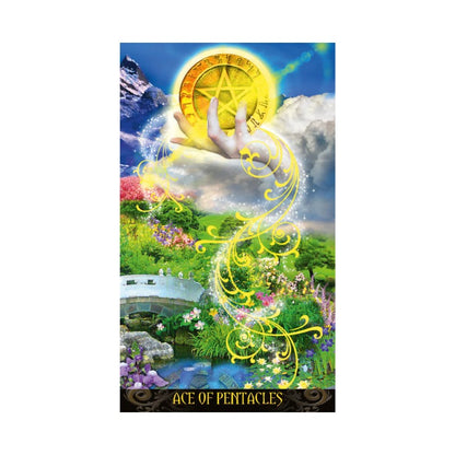 Card featuring a yellow pentacle symbol with a scenic background