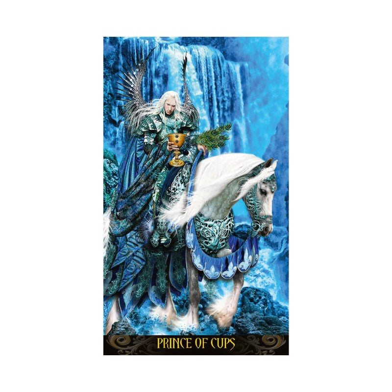 Card featuring a fairy and horse with a waterfall in the background, labeled 'Prince of Cups'.