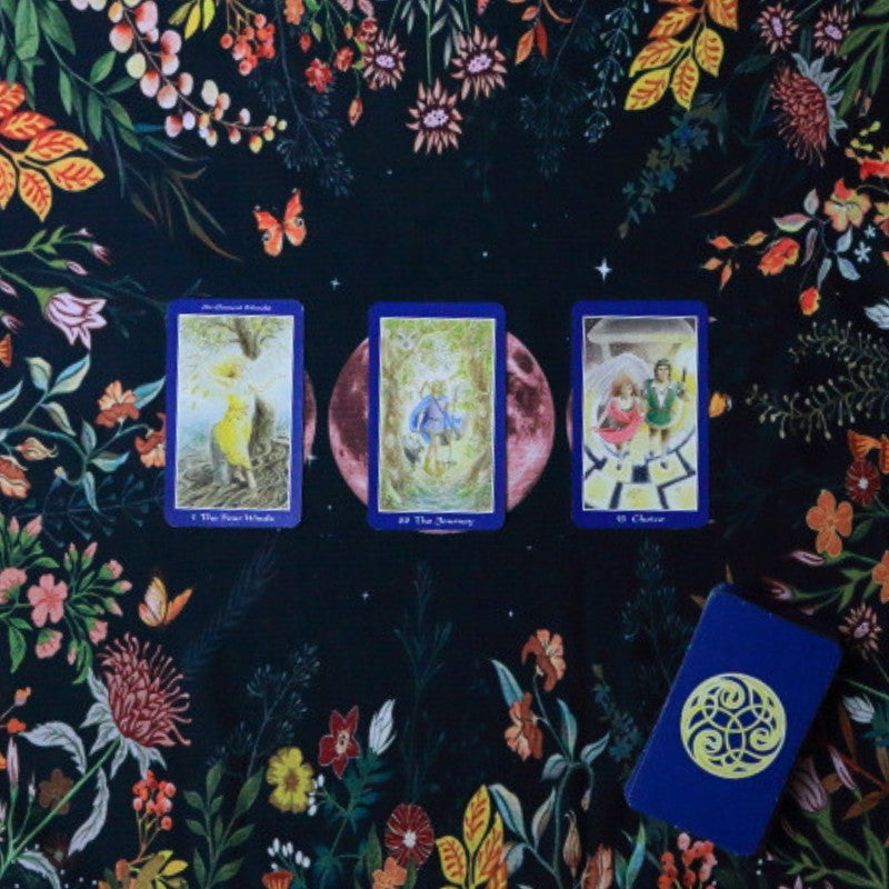 Triple Moon Tarot Cloth with 3 oracle cards and deck on top