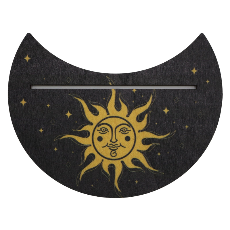 single slot tarot card holder, black with a gold sun and stars painted on it