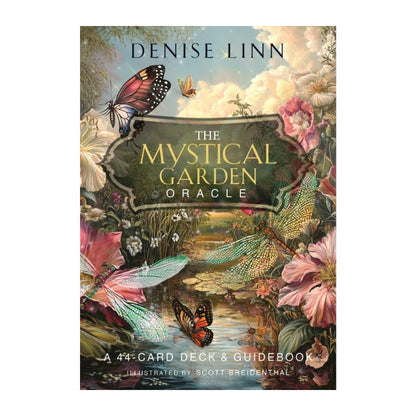Front cover of 'The Mystical Garden Oracle' card deck and guidebook by Denise Linn, featuring an ornate botanical illustration with butterflies, flowers, and a stream under a cloudy sky.