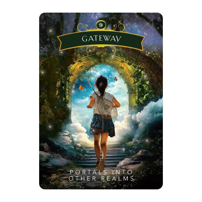A rectangular art print or book cover titled 'GATEWAY' with the subtitle 'PORTALS INTO OTHER REALMS' shows a girl standing in a glowing stone archway surrounded by clouds and fantasy scenery. The product is centered on a plain white background.