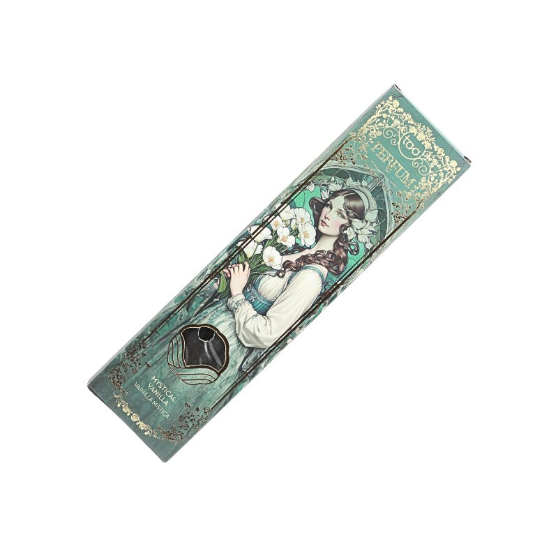 incense box with vintage design featuring a woman and floral elements on a white background