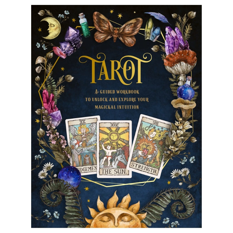 the cover of tarot a guided workbook, featuring the sun, moon, and other symbols