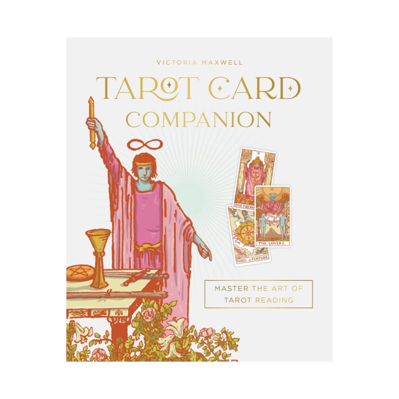 Book cover of 'Tarot Card Companion' with illustrated tarot card reader and cards on a light background