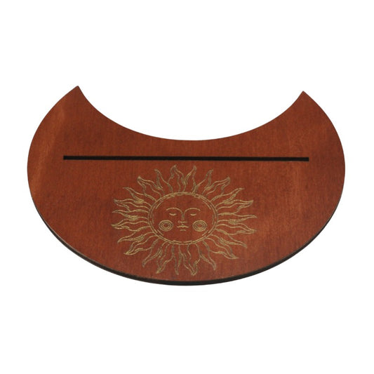 Wooden Tarot Card Holder with sun design on a white background