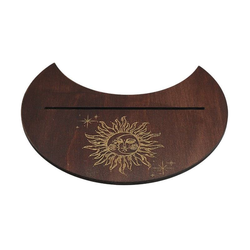 Wooden tarot card holder with gold sun and moon design