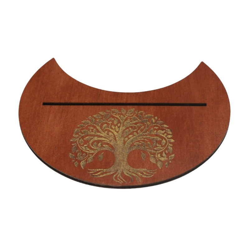 Wooden tarot card holder with a tree design on a white background