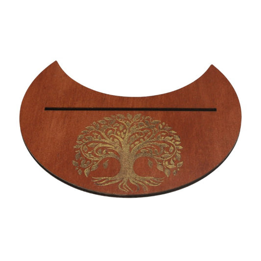 Wooden tarot card holder with a tree design on a white background