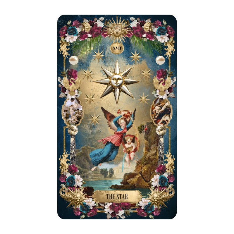 Decorative card featuring 'The Star' tarot card with celestial design and floral elements.