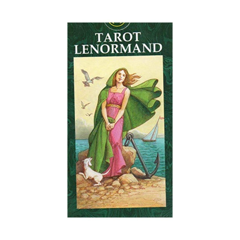 Tarot Lenormand deck cover with a woman in a green cloak by the sea 