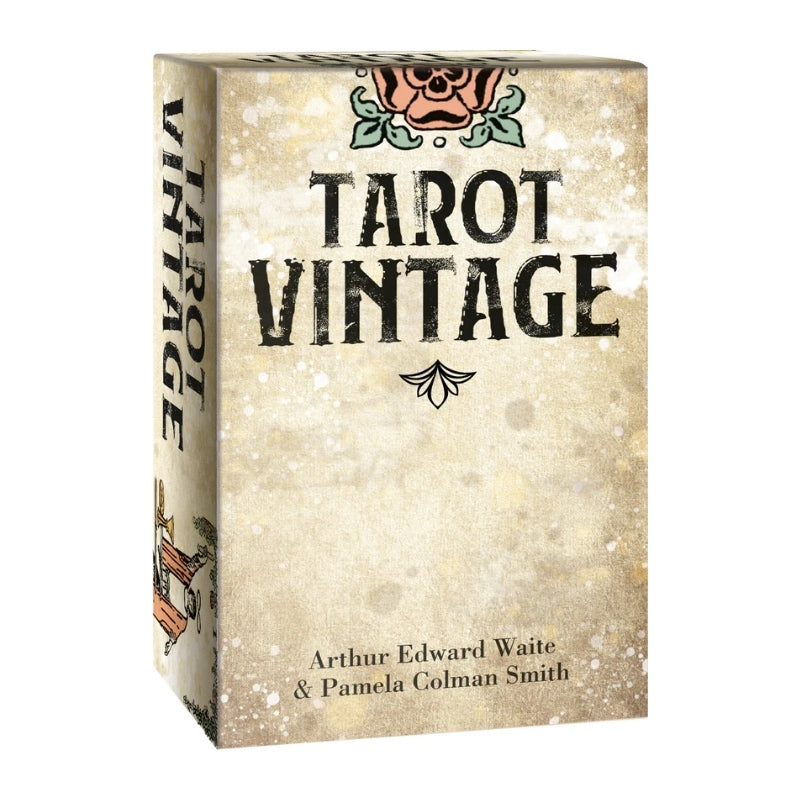 A boxed tarot card deck titled "Tarot Vintage" shown at a slight angle against a plain white background. The box has a distressed cream-beige cover with black title text, a small floral illustration near the top, and author names at the bottom.