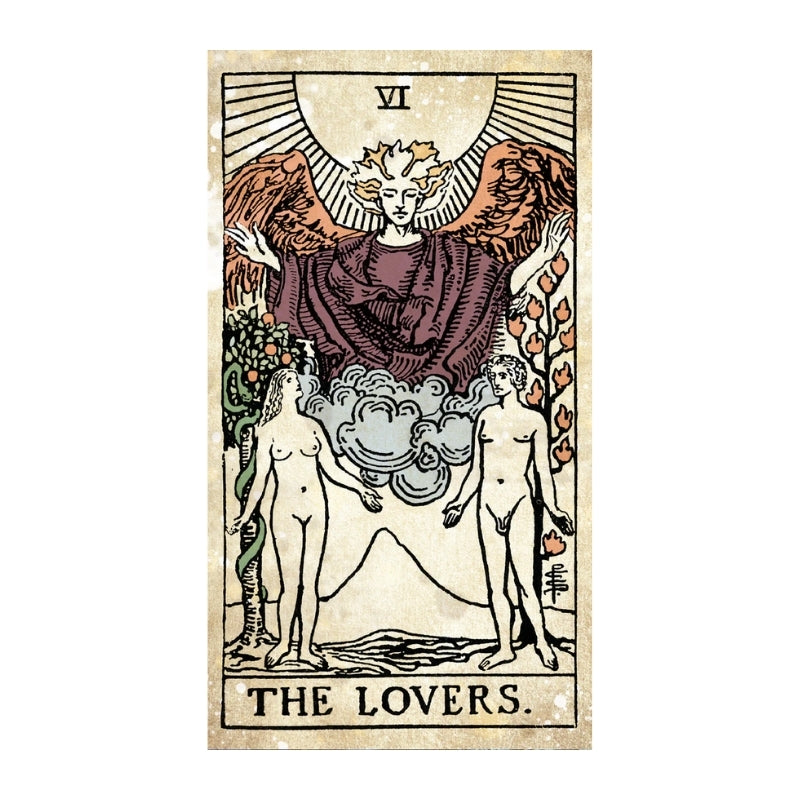 A vintage-style tarot card illustration reading 'THE LOVERS.' with the Roman numeral VI at the top.