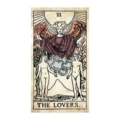 A vintage-style tarot card illustration reading 'THE LOVERS.' with the Roman numeral VI at the top.