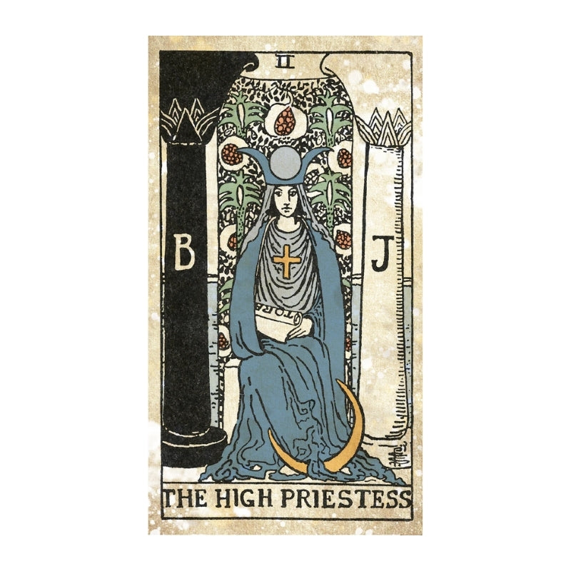 A tarot card illustration of The High Priestess, featuring a seated figure in blue robes with a gold cross, flanked by decorative pillars and topped with an ornate headdress, centered on a light background.