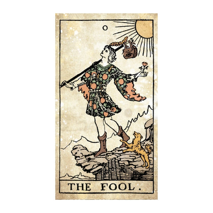 A tarot card titled 'THE FOOL' shown centered on a white background. The card features an illustrated figure standing on rocks, holding a staff and a flower, with a sun in the upper right and the card's title printed at the bottom.