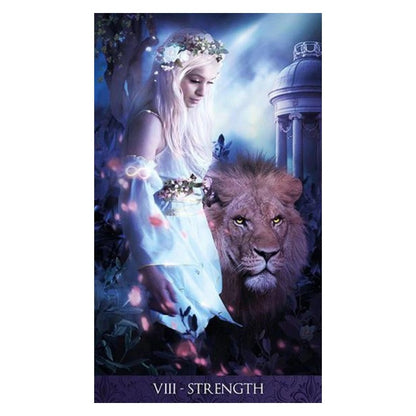 Card from the Tarot De La Nuit Deck featuring a woman with a lion as the strength card