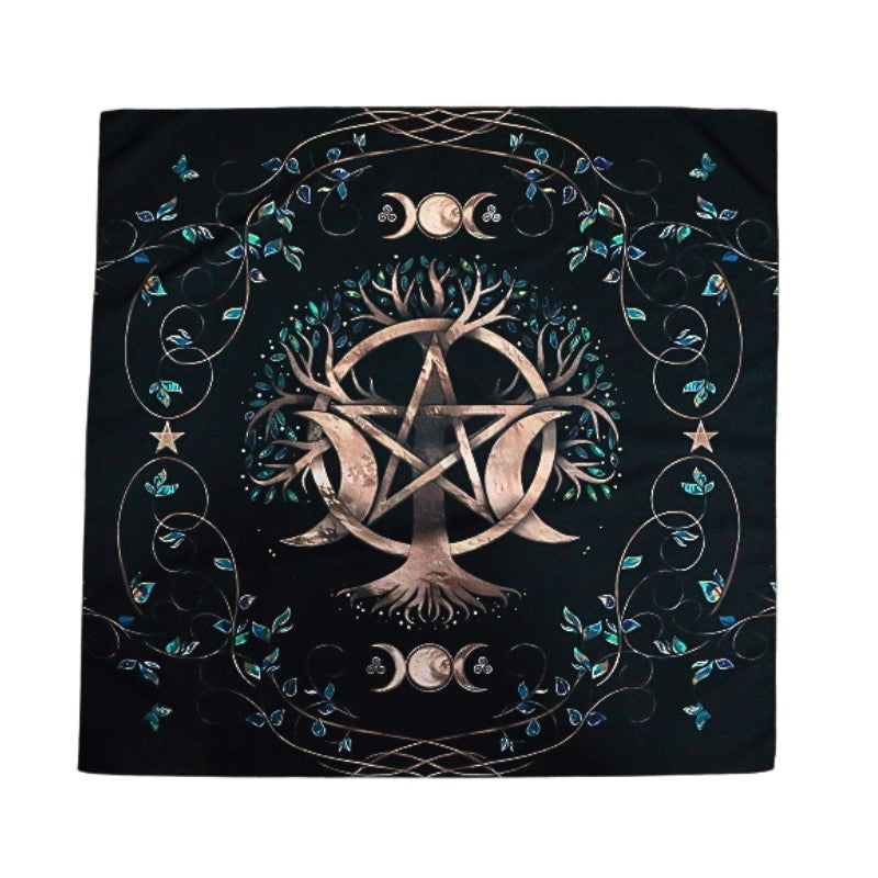 black tarot cloth with a triple moon pentacle design and tree