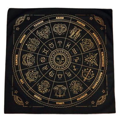black tarot cloth /altar cloth with astrological symbols printed in yellow