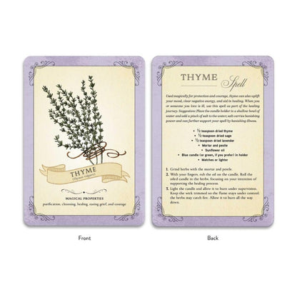 Thyme spell card with botanical illustration and text on a white background