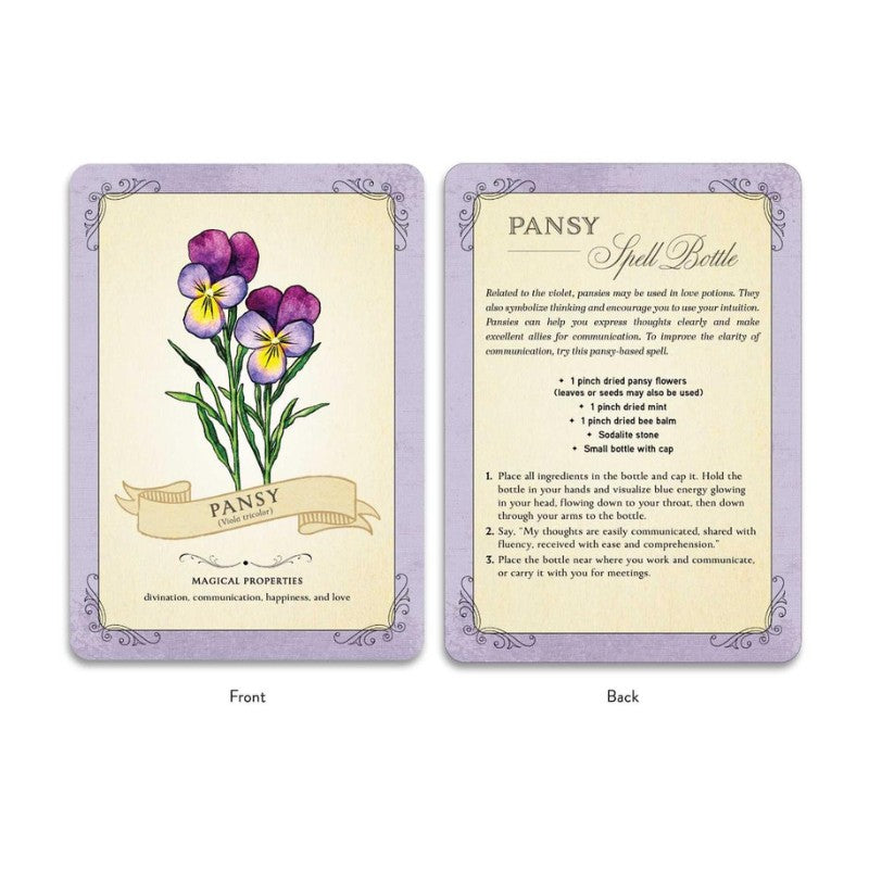 Two cards showing the front and back of a Pansy Spell Bottle with floral illustration and text.