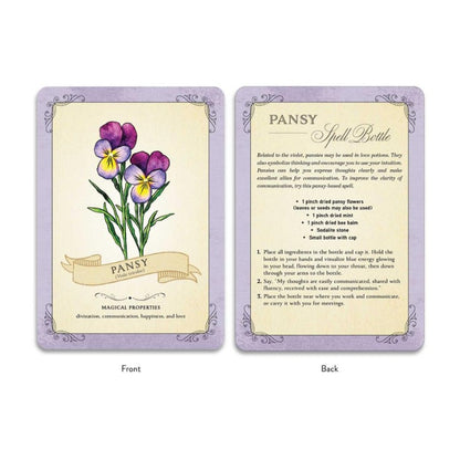 Two cards showing the front and back of a Pansy Spell Bottle with floral illustration and text.
