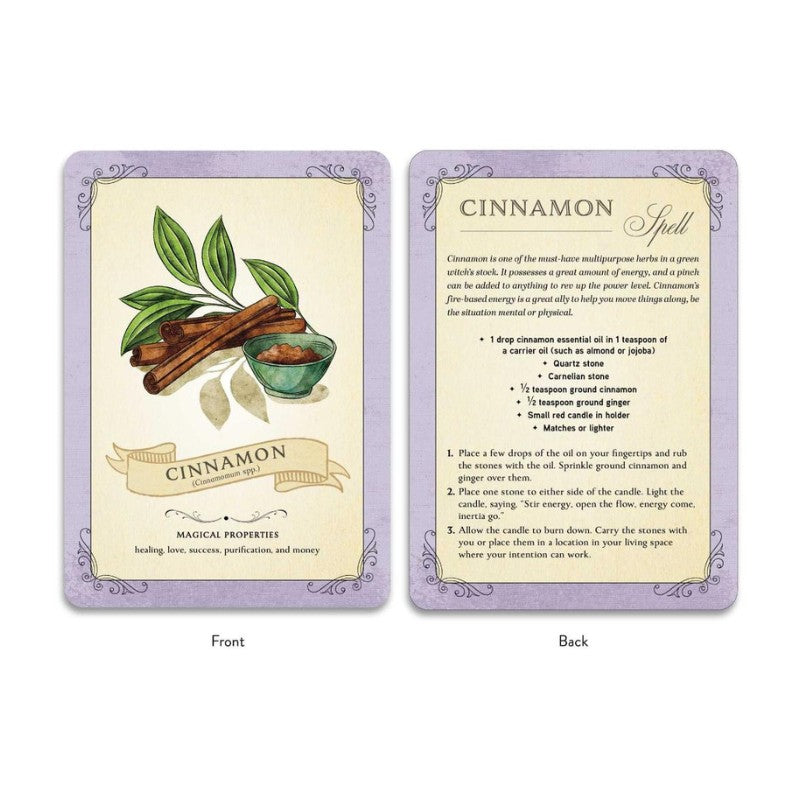 Two cards showing the front and back of a cinnamon spell card with illustrations and text.