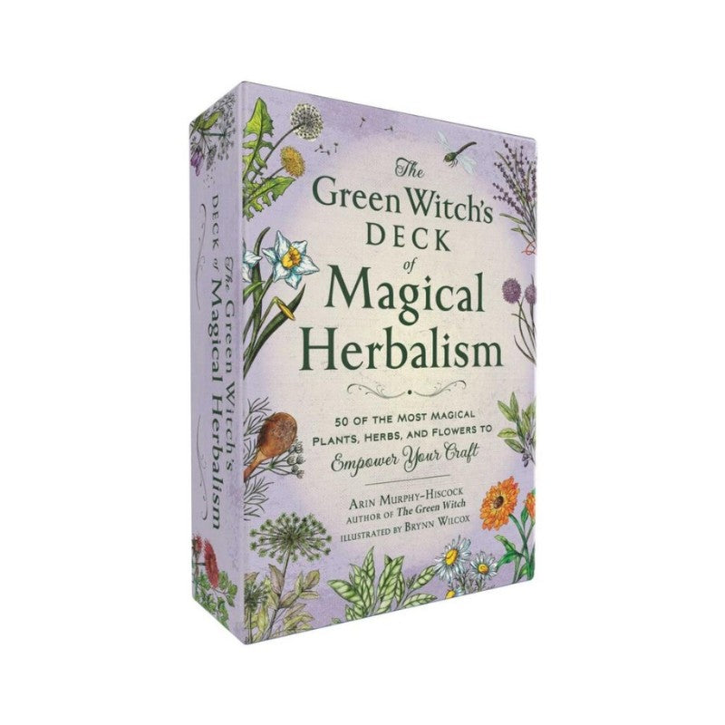Card deck packaging titled 'The Green Witch's Deck of Magical Herbalism' with herbal illustrations on a white background.