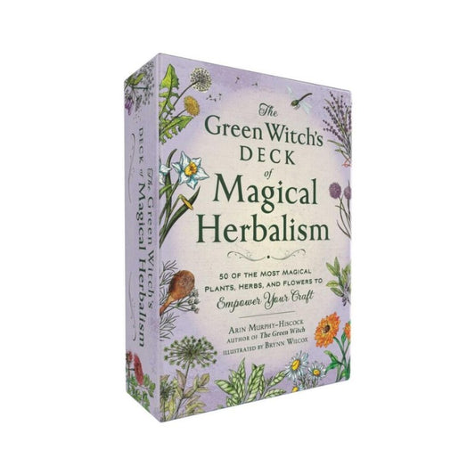 Card deck packaging titled 'The Green Witch's Deck of Magical Herbalism' with herbal illustrations on a white background.