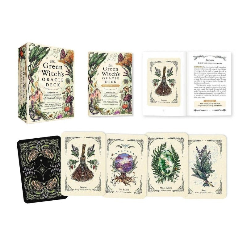 The Green Witch's Oracle Deck showing samples of the cards and guidebook