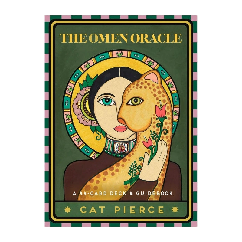 The Omen Oracle card deck and guidebook cover by Cat Pierce, featuring a stylized illustration of a woman with one eye and a spotted cat against a dark green background with decorative borders.