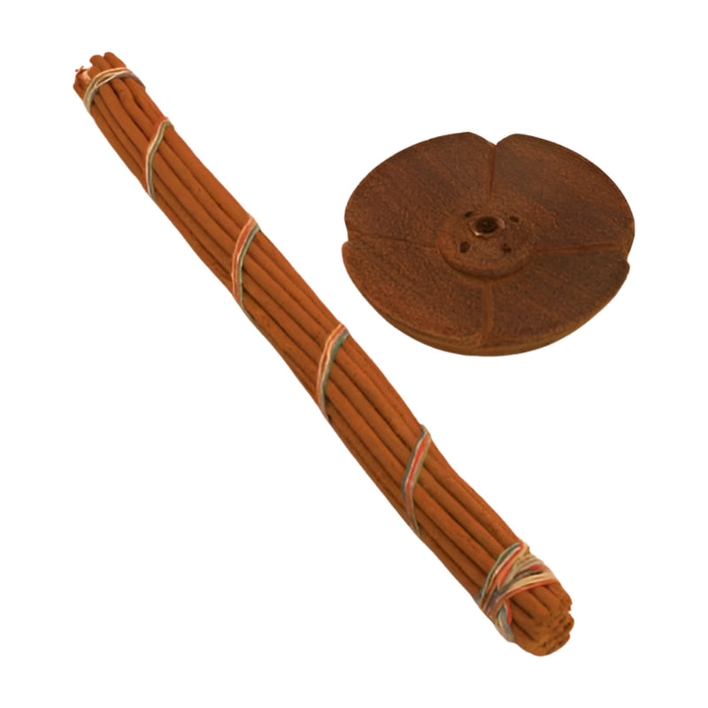 Round wooden carved incense holder- dark wood , next to a bundle of tibetan incense sticks