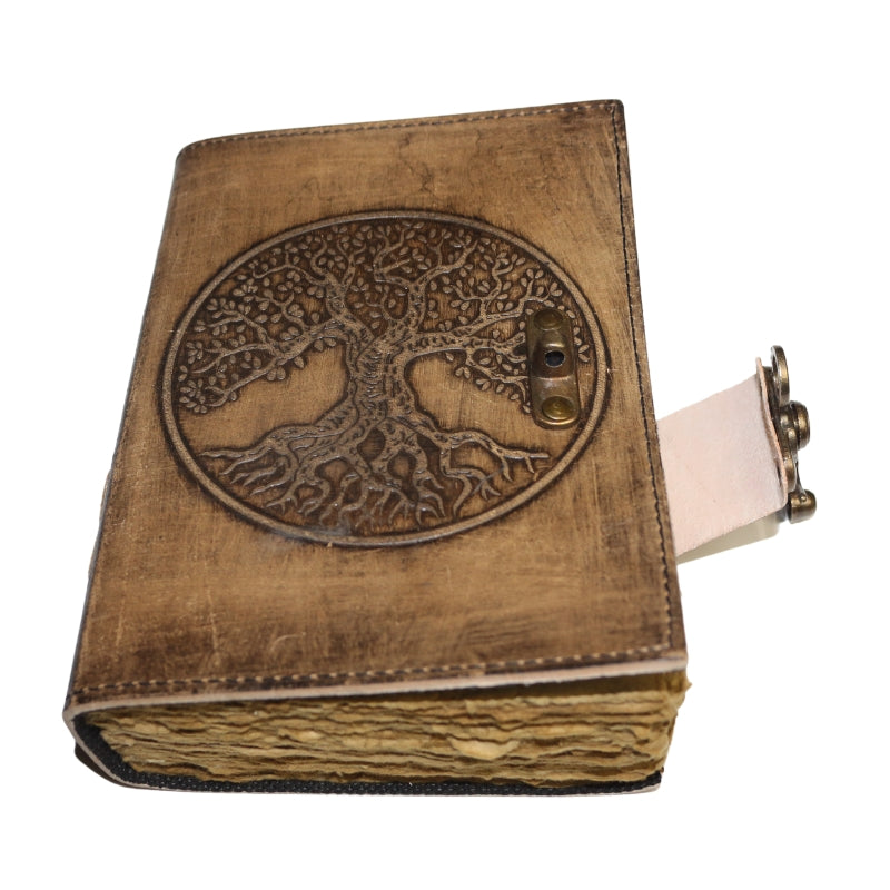 Antique style brown leather journal with the tree of life on the cover and a brass closure. Inside contains plain "antiqued" pages 