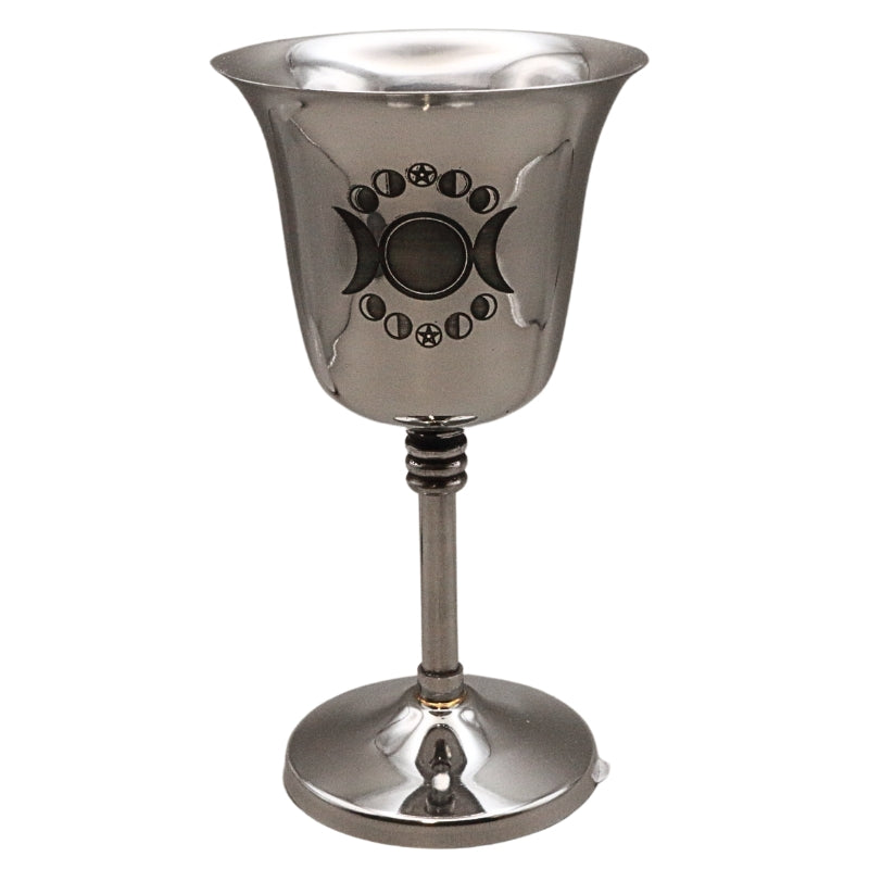 stainless steel chalice with an image of the triple moon engraved into it