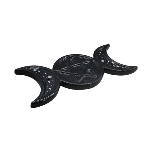 black ceramic glossy dish with two crescent moons beside a central pentacle design 