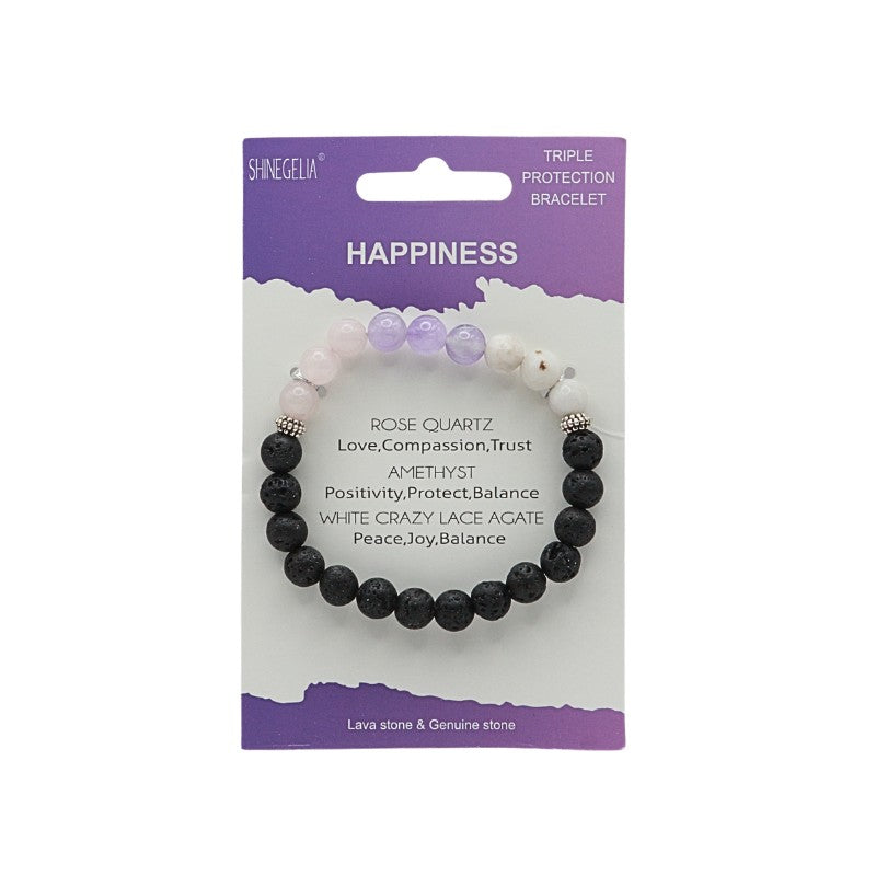 Black beaded bracelet with purple packaging on a white background