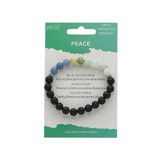 Black beaded bracelet with colored stones on a green and white packaging card.