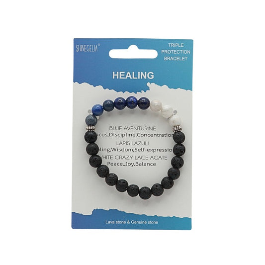 Bracelet on a packaging card with blue and white design