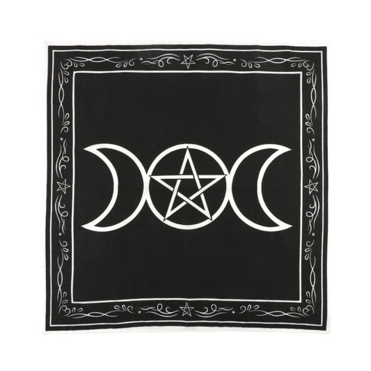 Black square cloth with white pentagram and moon symbols on a white background
