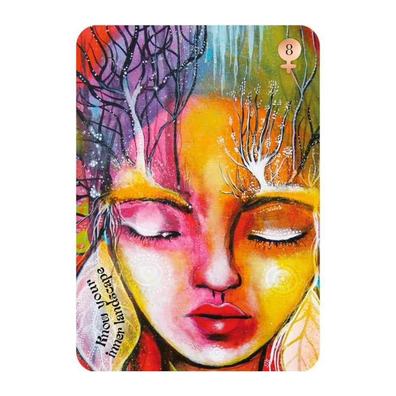 A rectangular card featuring a colourful close-up portrait of a woman's face with closed eyes, stylized tree branches forming hair, and the number 8 in a small circle near the top right.