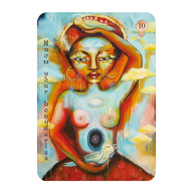 A rectangular card featuring a surreal painted figure with a bird, set against a plain white background. The artwork includes the text 'Know your boundaries' and a '10' in the top right corner.