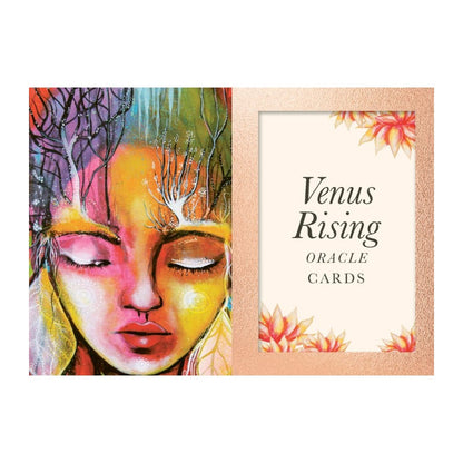 Colorful artwork of a woman's face with 'Venus Rising Oracle Cards' text on a white background