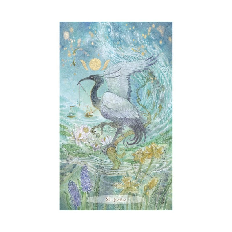 Decorative card with a heron and astrological symbols on a blue background