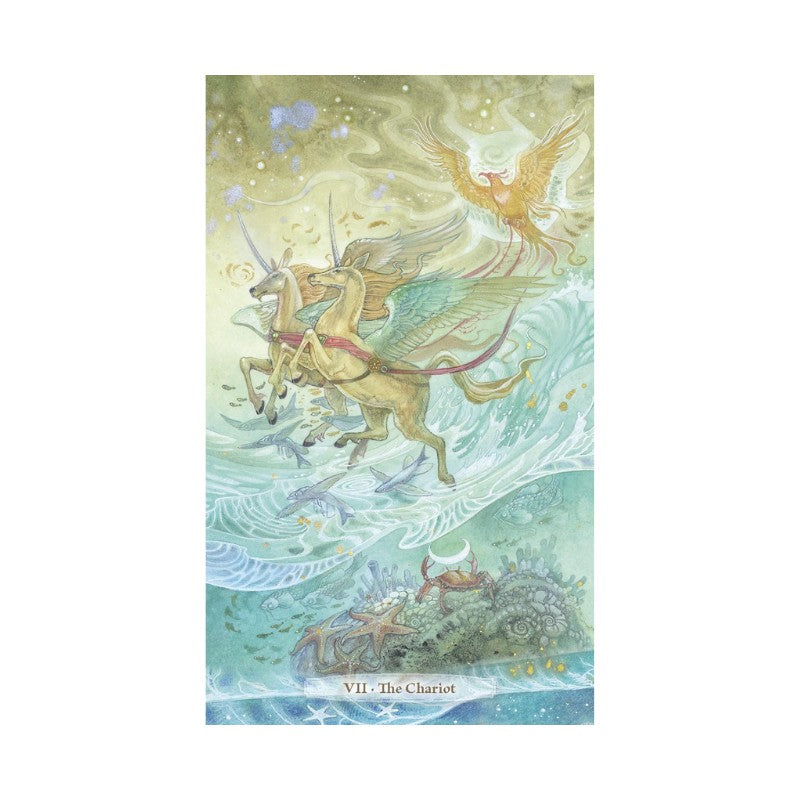 Tarot card featuring a unicorn and angel in a celestial setting