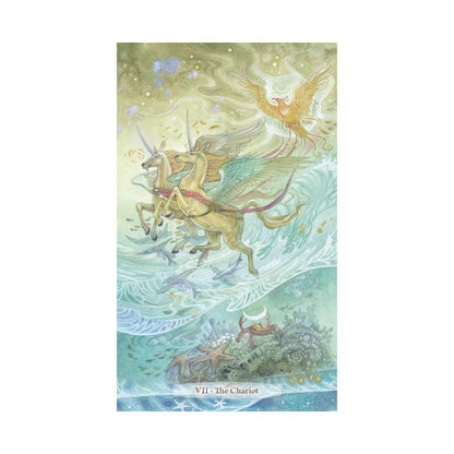 Tarot card featuring a unicorn and angel in a celestial setting